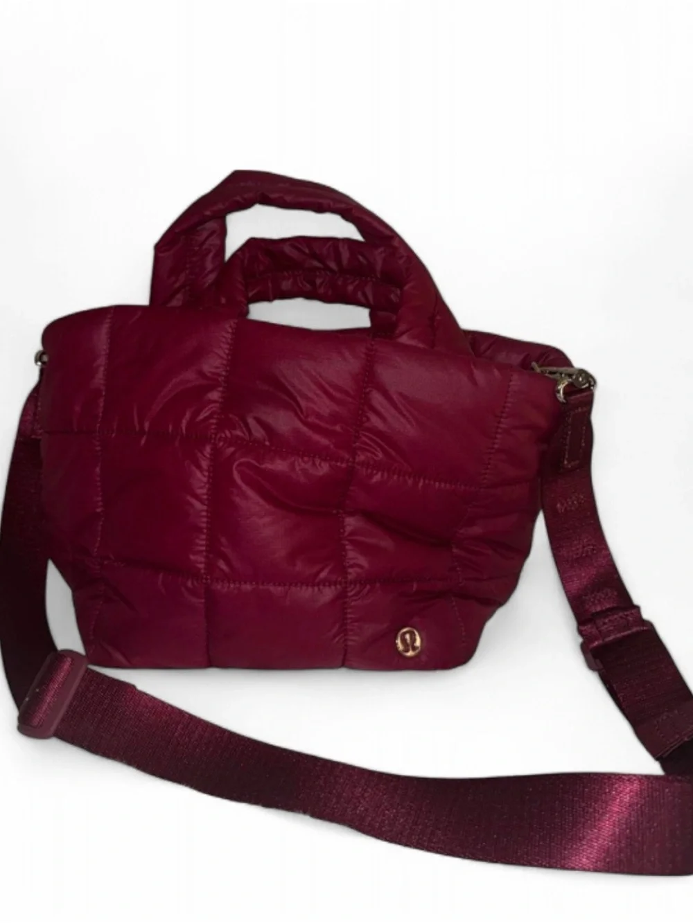 Lululemon Burgundy Quilted Grid Puffer Mini Tote Bag Crossbody Top Handle 2way
